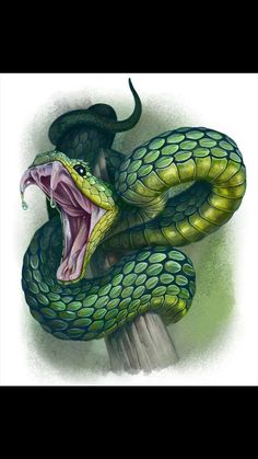 a green snake with its mouth open and it's tongue out, on top of a pole