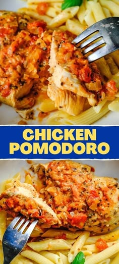 chicken pomodoro with sauce and pasta on the side is shown in two separate images