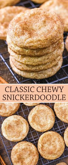 classic chewy snickkerdoodle cookies on a cooling rack with text overlay