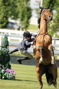 a man riding on the back of a brown horse