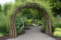 an arch made out of branches in the middle of a garden with lots of plants