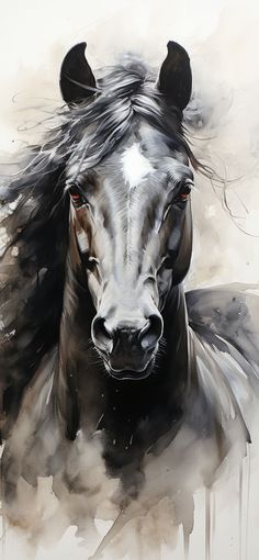 a painting of a black horse with long hair