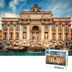 a box with an image of a building in the background and a water fountain behind it