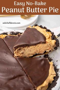 an easy no - bake peanut butter pie is cut into slices and sits on a plate