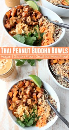 three bowls filled with different types of food and the words thai peanut buddha bowls above them