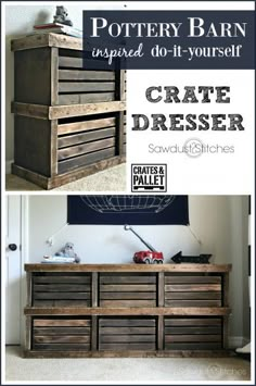 an old dresser is turned into a diy - yourself crafter cabinet with drawers