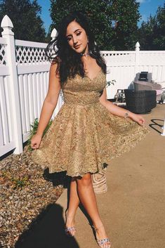 Gold Short Dresses, Gold Dress Short, School Event Dress, Golden Lace, Gold Dresses, Hi Friend, Cheap Homecoming Dresses, Brown Dresses, Professional Dress