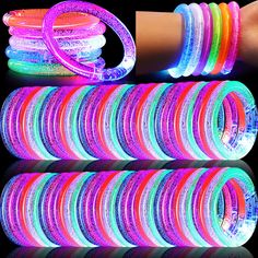 glow in the dark bracelets and bangles are shown with glowing colors on them