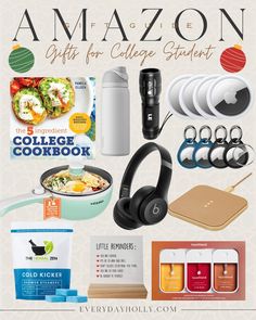 an advertisement for the college student's cookbook with headphones and other items