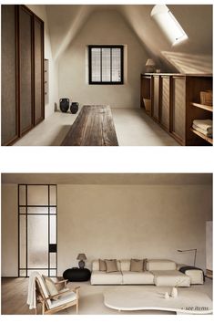 two pictures of a living room with couches, tables and windows in it's walls