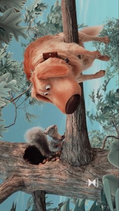 an animated image of two animals in a tree, one is biting the other's head