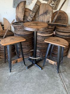 several tables and stools stacked on top of each other