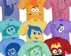 an assortment of t - shirts with cartoon characters painted on the front and back, all in different colors