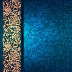 two blue and orange wallpapers with floral designs on the sides, one in gold