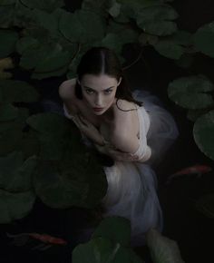 a woman is sitting in the water surrounded by lily pads and green leaves, with her hands on her chest