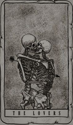 the lovers tarot card with two skeletons hugging each other