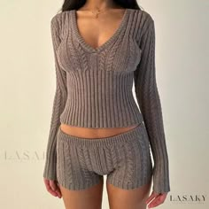 Lasaky - Textile Knit Top with Chevron Pattern and Cinched Waist Low Waist Shorts, 2 Piece Short Set, Grey Knit Sweater, Crop Top And Shorts, Knitting Girls, Solid Clothes, Low Waist, 2 Piece Set, Sweater And Shorts