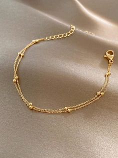 1pc Fashionable Double Layer Stainless Steel Beaded Bracelet In Gold Color For Women, Suitable For Daily Wear Yellow Gold Fashionable   Stainless Steel     Women Fashion Jewelry, size features are:Bust: ,Length: ,Sleeve Length: