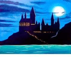 a painting of hogwarts castle at night