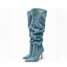 Heeled Over The Knee Boots In Denim. Wide Pleated Shaft. Pointed Toe. Airfit. Flexible Technical Sole Made Of Latex Foam Designed To Offer Increased Comfort. Heel Height: 3.9 Inches (10 Cm) Color: Blue Size Us 6 / Eu 36 New With Tags Winter Denim Blue Boots With Pointed Toe, Denim Blue Pointed Toe Winter Boots, Chic Winter Denim Boots, Chic Denim Winter Boots, Trendy Fitted Light Blue Boots, Chic Blue Denim Boots, Fitted Light Blue Pointed Toe Boots, Chic Denim Blue Boots For Fall, Chic Denim Blue Boots For Spring