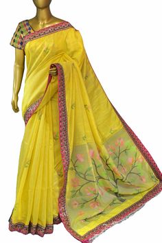 Now be the talk of the crowd with our latest collection of Matka muslin handloom collections with the amazing and refined traditional jamdani weaving and dignified lace border make this pure yellow color saree one of the subtle choices of many with pure muslin pallu. Color: A shade of pure yellow color Technique: Comes with traditional jamdani weaving all over the saree and has a muslin pallu Fabric: Matka Muslin Quality: Indyvogue's Assurance of Pure Silk Mark Certified Saree Saree With Lace Border, Yellow Color Saree, How To Wash Silk, Blouse Measurement, Jamdani Saree, Color Techniques, Designer Blouse, Lace Border, Muslin Cotton