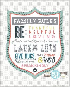 a cross stitch pattern with the words family rules in different colors and font on it