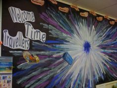 a bulletin board is decorated with images and words that say, welcome to time travelers