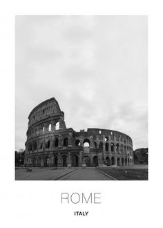 black and white photograph of the colossion in rome, italy with text that reads roma itali