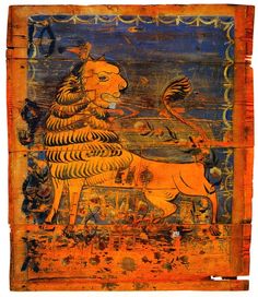 an old painting with a lion on it's back