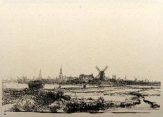 an old drawing of a windmill in the distance