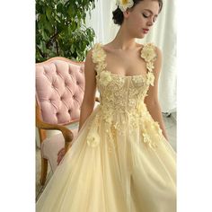 Yellow Prom Dress Long, Floral Ball Gown, Floral Prom Dresses, Prom Dresses Yellow, Spaghetti Strap Prom Dress, Maxi Dress Prom, Maxi Robes, Dresses Lace, Dress Spaghetti