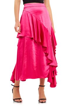 Luscious ruffles accent this flowy maxi skirt elevated in rich satin. 95% polyester, 5% spandex Hand wash, dry flat Imported Elegant Ruffled Maxi Bottoms, Pink Satin Evening Bottoms, Pink Satin Flared Skirt, Spring Satin Ruffled Skirt, Chic Silk Bottoms With Ruffles, Spring Pink Silk Maxi Skirt, Pink Satin Long Skirt, Pink Silk Maxi Skirt For Spring, Satin Ruffled Skirt For Party