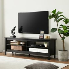 a flat screen tv sitting on top of a wooden entertainment center next to a potted plant