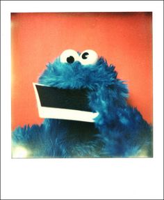 a blue stuffed animal with big eyes holding a book in front of it's face