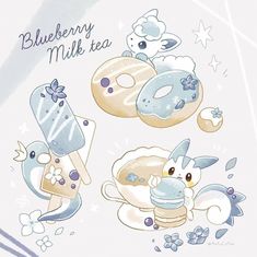 blueberry muffins and donuts with frosting on them are featured in this illustration