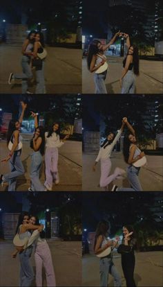 several pictures of two women dancing together on the street in front of a building at night