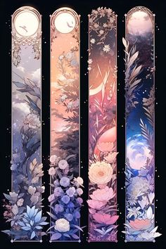 four vertical banners with flowers and plants on them, all in different shades of pink