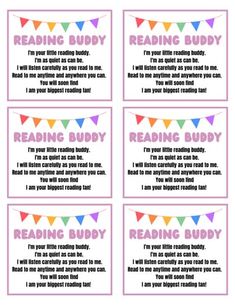 printable reading buddy cards with bunting flags on the sides and words below them