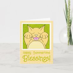 a card with an image of a cat saying happy summertime blessings on it