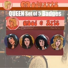 the queen set of 5 badges is shown in front of an advertisement for their band