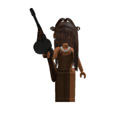 a lego figure holding a black object in her right hand and wearing a brown dress