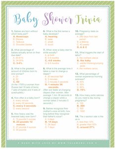 the baby shower trivia is shown in green and orange