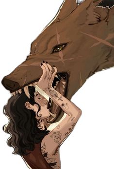 a drawing of a woman biting into a wolf's head