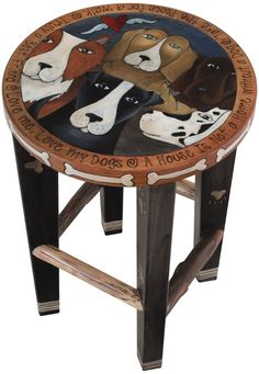 a dog themed stool with dogs painted on it