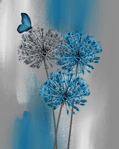 two blue flowers and a butterfly on a gray background with silver foil paint effect overlay