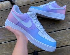 Custom Pastel Pink, Lavender, and Light Blue Nike Air Force 1s Painted with Angelus Leather Acrylic Painting Nikes, Customise Shoes, Dreamy Heels, Lavender And Light Blue, Customised Shoes, Blue Nike Air Force, Lavender Shoes, Shoe Artwork, Custom Nike Air Force