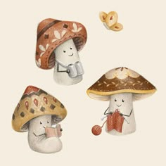 three little mushrooms are eating some food