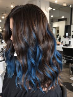 Cool Blue Highlights for a Fresh Look Hair Color Ideas Highlights Blue, Blue Hair Color On Brown Hair, Blue Brown Balayage, Ideas On How To Dye Your Hair, Blue Over Brown Hair, Subtle Blue Hair Brunette, Blue Balyage Long Hair Brunettes, Cute Blue Hairstyles