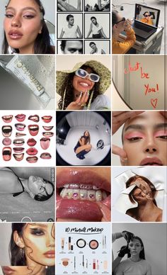 the collage shows many different photos and words on it, including lipsticks, lips,