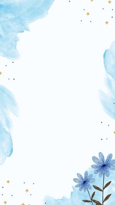 watercolor blue flowers and gold stars on a white background with space for your text